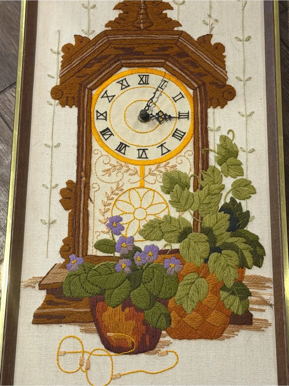 Vintage sunset  Embroidered Wall Clock Tapestry Art in Brown, Green and Gold